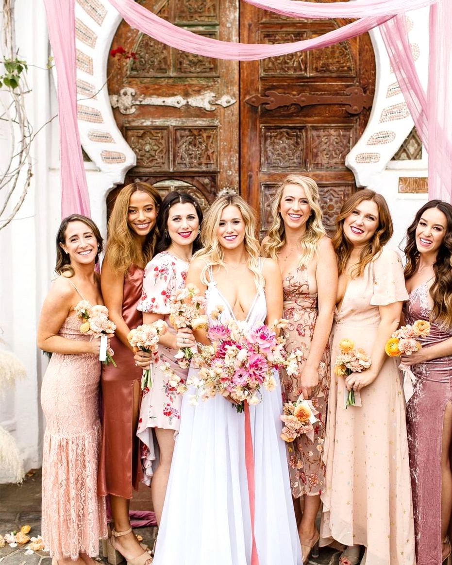 wedding drape ceremony backdrop with bridesmaids