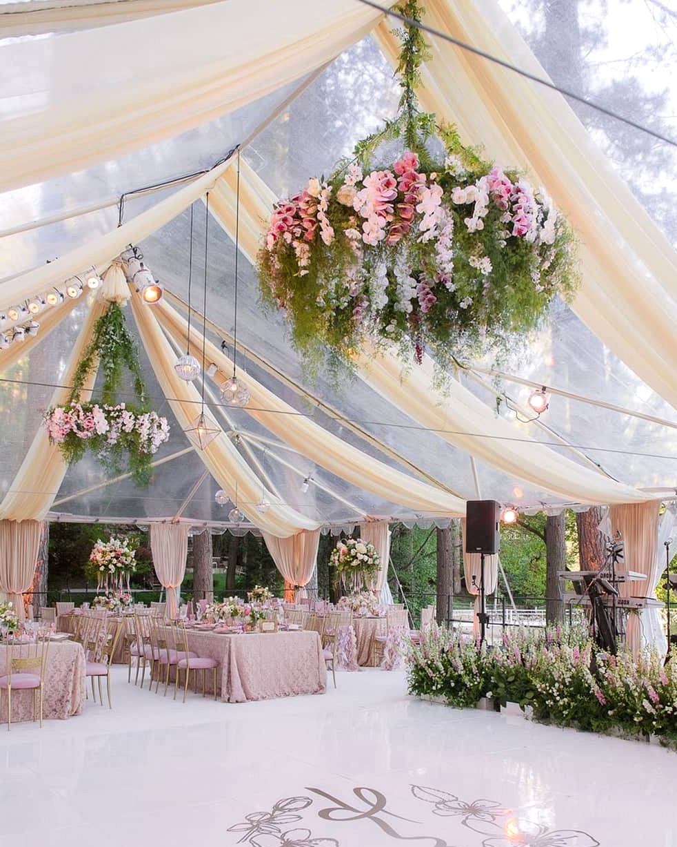 pastel wedding reception with classical draping