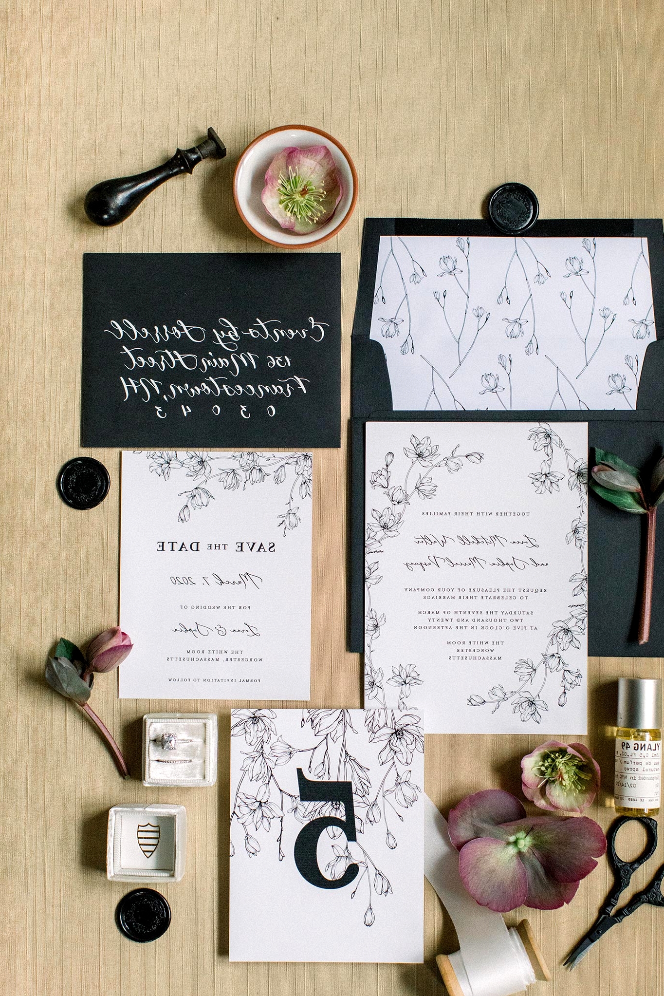 botanical sketch wedding invitations with black and white palette