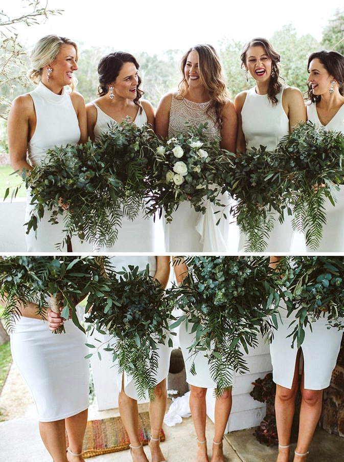 Mismatched white bridesmaid dresses with greenery bouquets | Sarah Godenzi