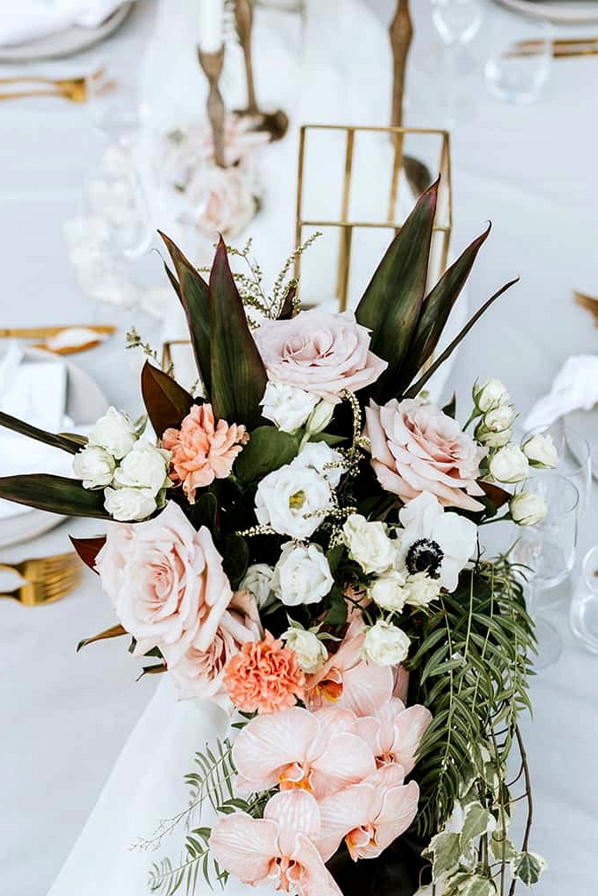 Boho peach wedding reception centrepiece | My Little Love