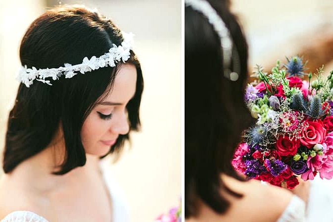 Bright wedding bouquet and fabric flower headpiece