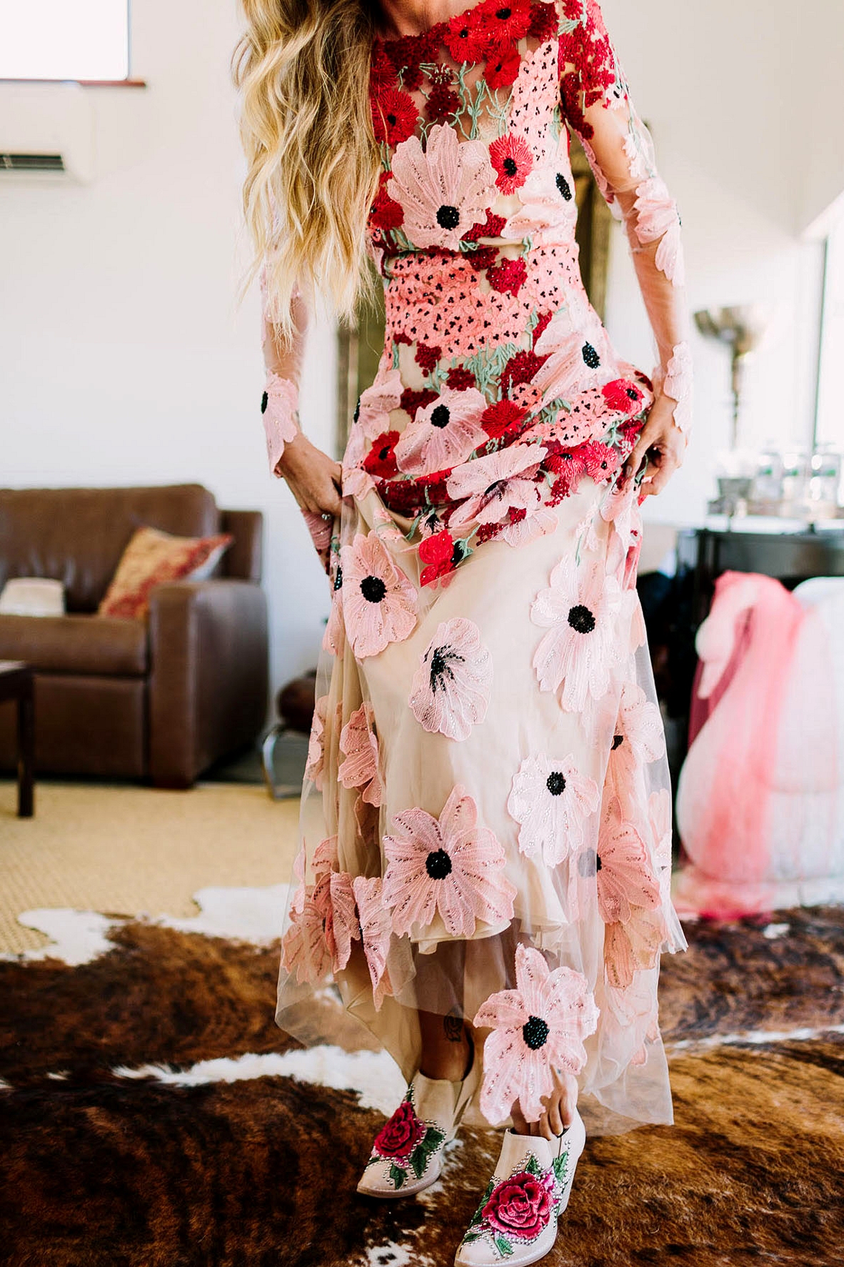 Red and pink floral embroidered wedding dress