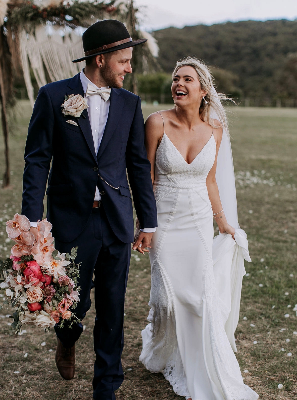 Wyatt Gown by Green Wedding Shoes and Lovers Society with pampas arch