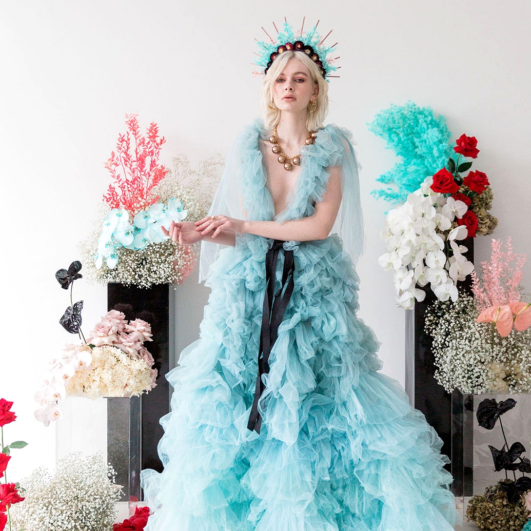 A Blue Wedding Dress + Bold Flowers for the Edgy Bride