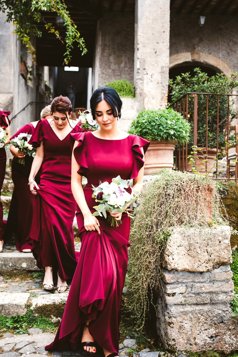 bridesmaids in red or pink 