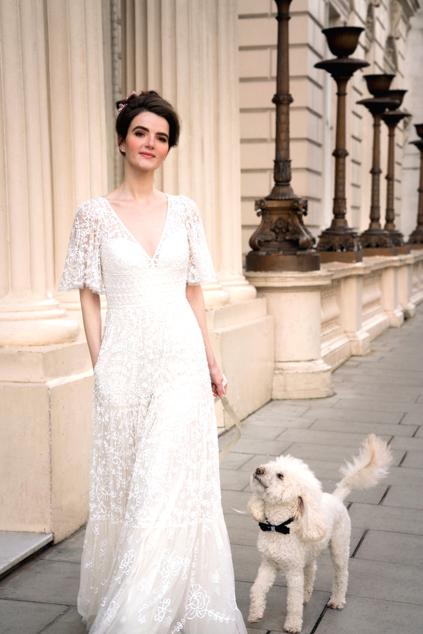 Noreen dress in colour créme by Eliza Jane Howell model with dog