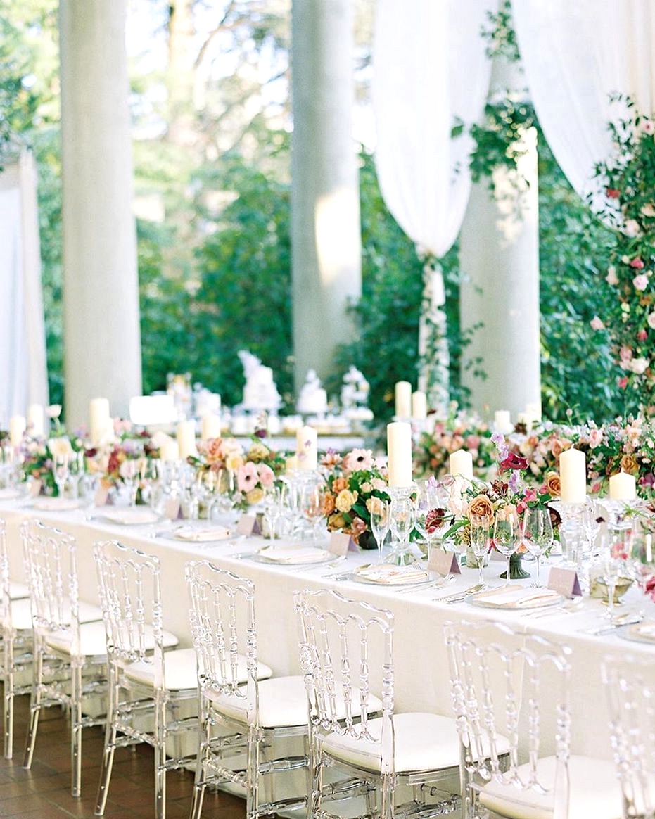 wedding reception draping decor and acrylic seating