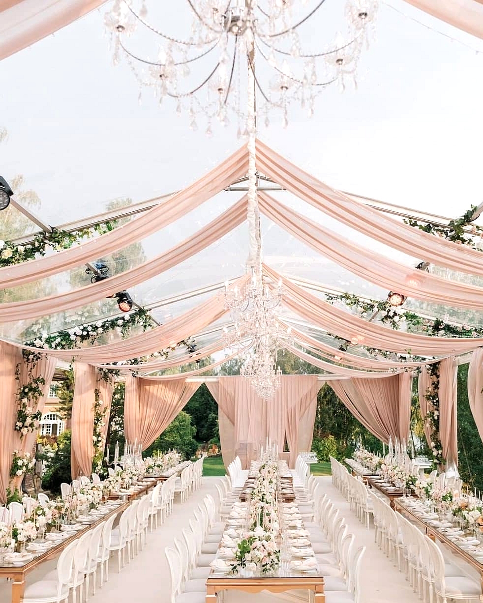 pink wedding drapes reception decor