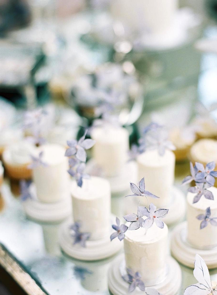 mini wedding cakes with lavender sketched sugar flowers