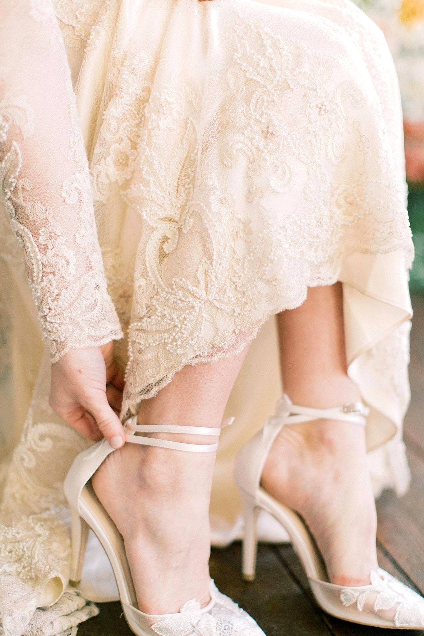 semi sheer lace bridal heels with straps