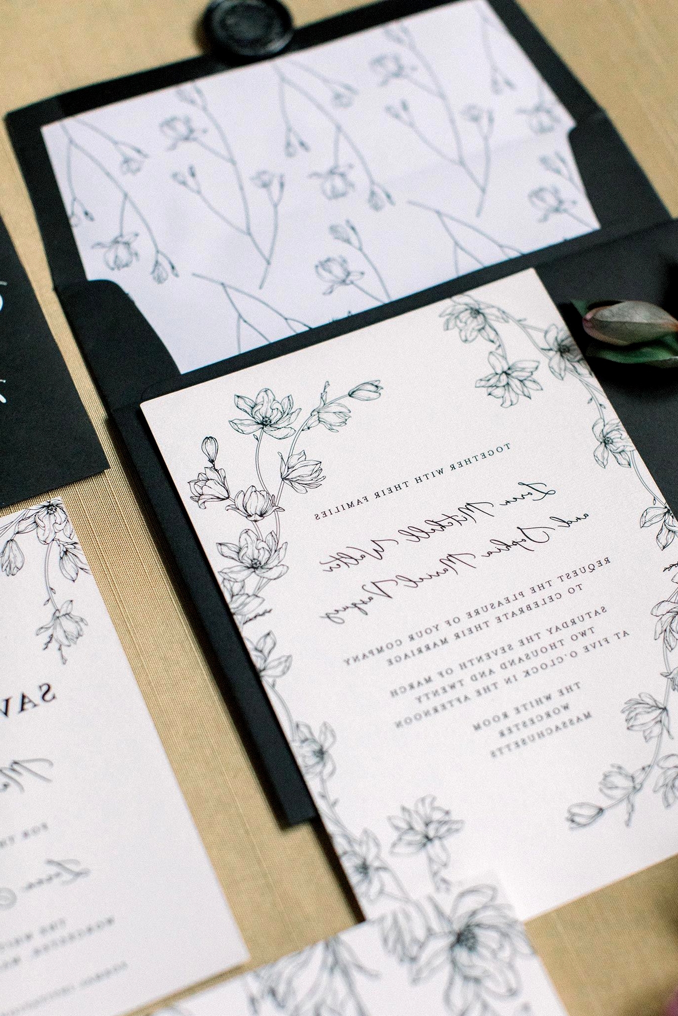 botanical sketch wedding invitations with black and white palette