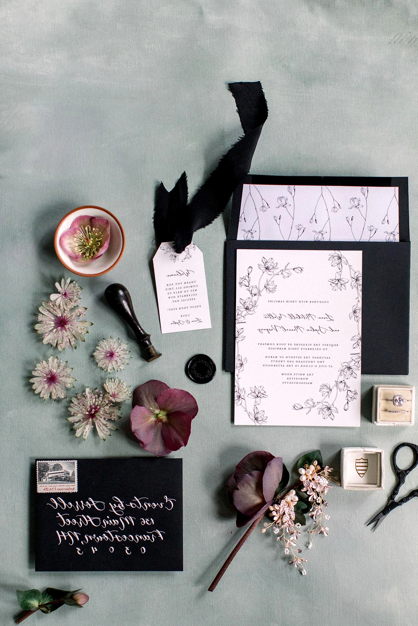 botanical sketch wedding invitations with black and white palette