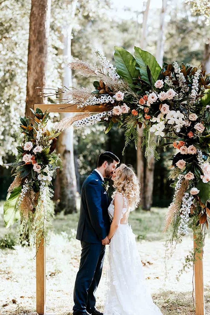 Boho peach woodland wedding ceremony arbour | My Little Love