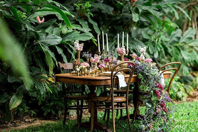 Vintage floral wedding reception setting