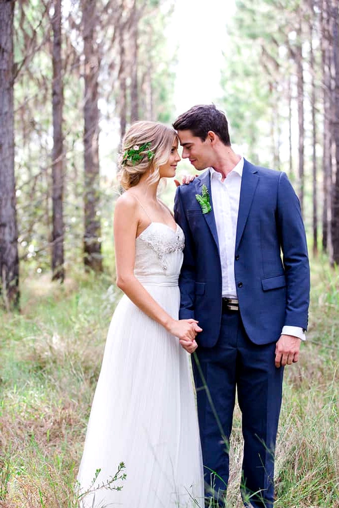 Woodland wedding bride and groom