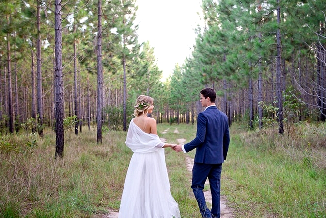 Woodland wedding bride and groom