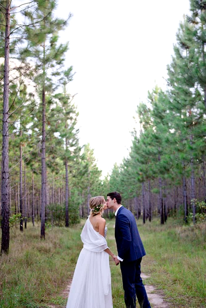 Woodland wedding bride and groom