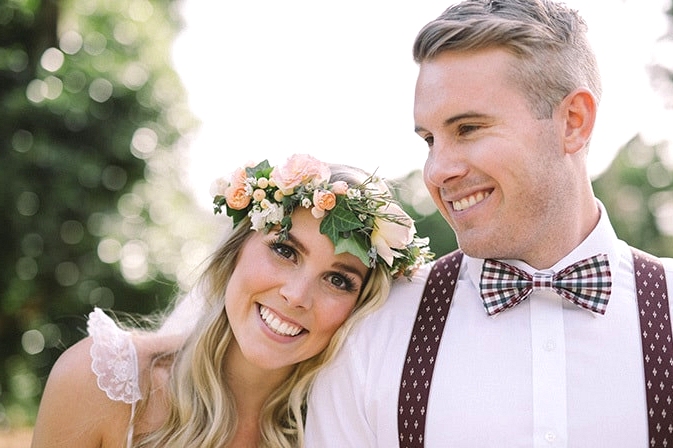 Relaxed-Vintage-Boho-Wedding-Inspiration-Bride-Flower-Crown-Groom-Bow-Tie-Suspenders