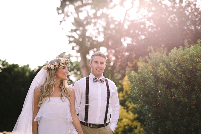 Relaxed-Vintage-Boho-Wedding-Inspiration-Bride-Flower-Crown-Groom-Bow-Tie-Suspenders-2