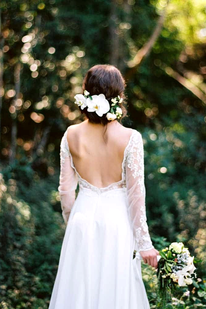 Natural-Bohemian-Wedding-Inspiration-Long-Sleeved-Backless-Dress-Orchid-Flower-Hairpiece