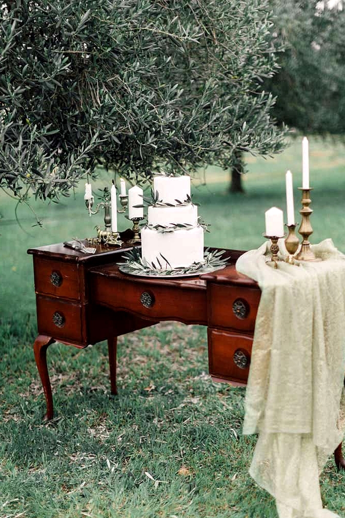 Romantic-Bohemian-Wedding-Inspiration-Olive-Leaf-Cake-Display