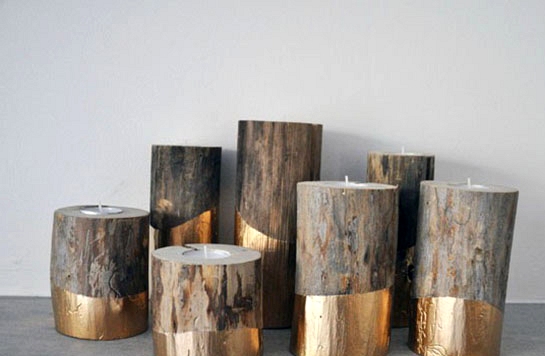 Simple Winter Wedding DIY Projects // Gold-Dipped Log Candleholders // 