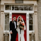 Bride and groom couple outside The Old Rectory Killyman with red door behind them